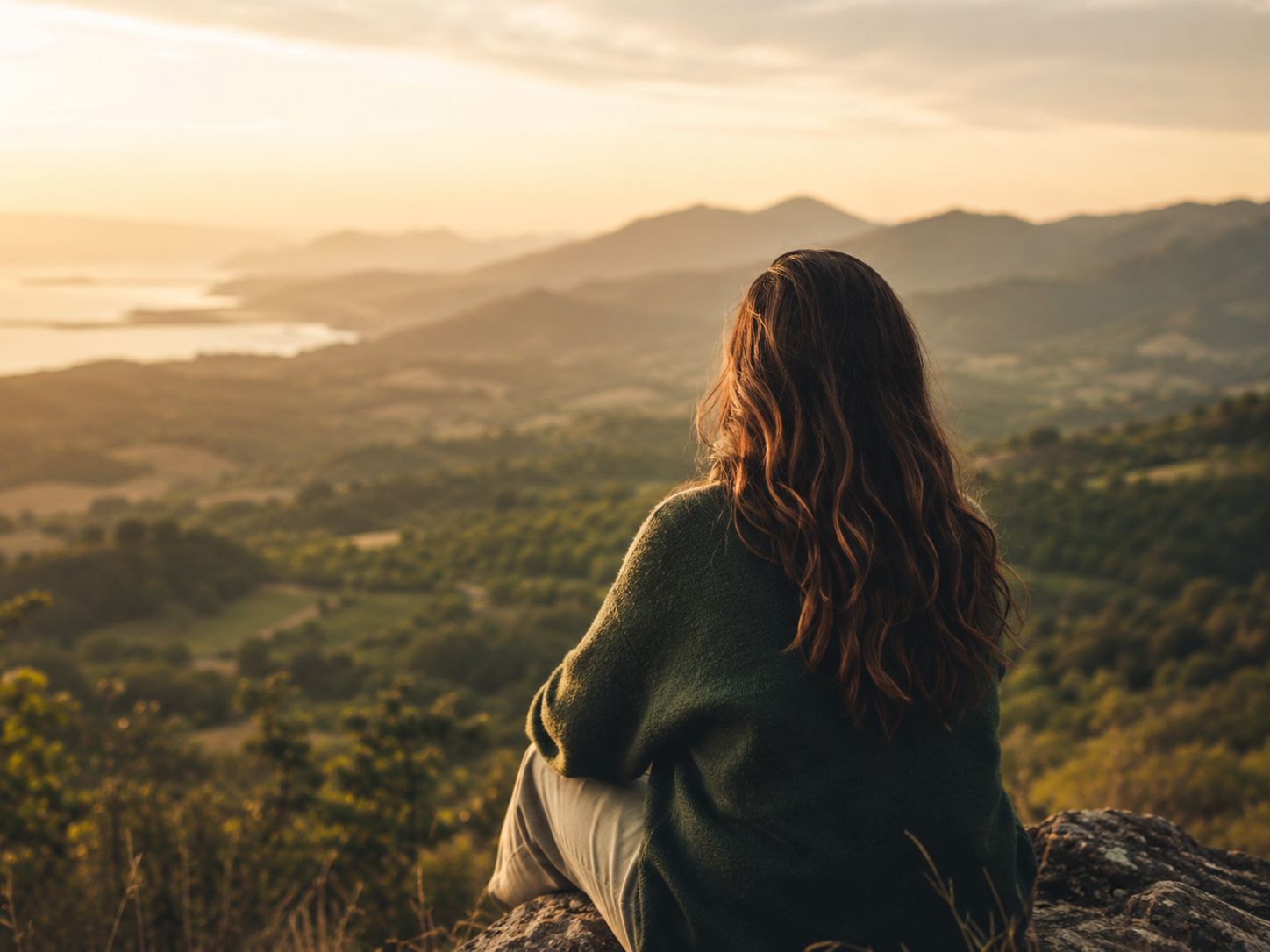 A woman seen from behind, sitting on a rock looking out over a valley at sunrise