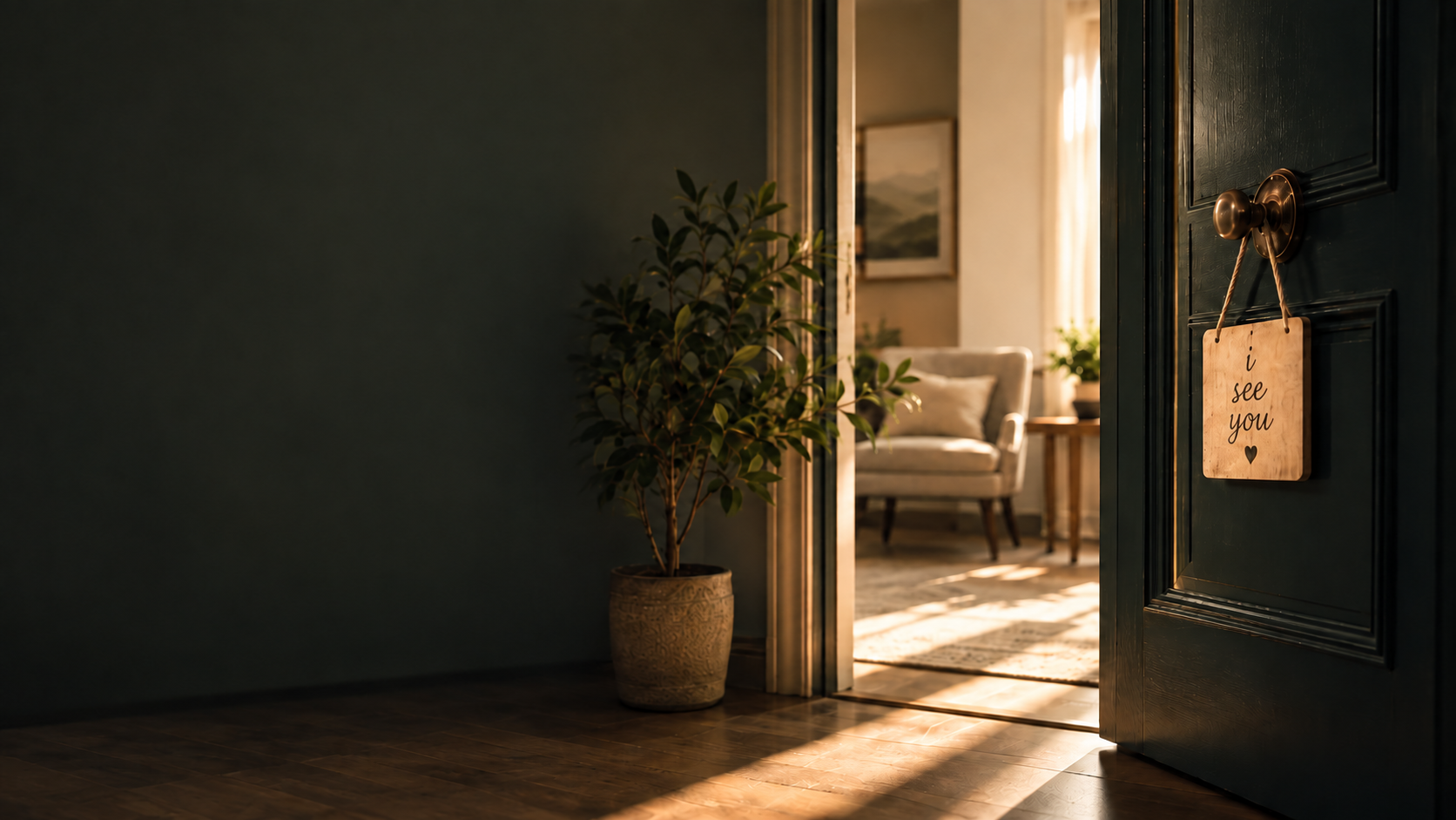 A dark green room with a door standing open onto a sunlit sitting room; a wooden sign on the door reads you're welcome here